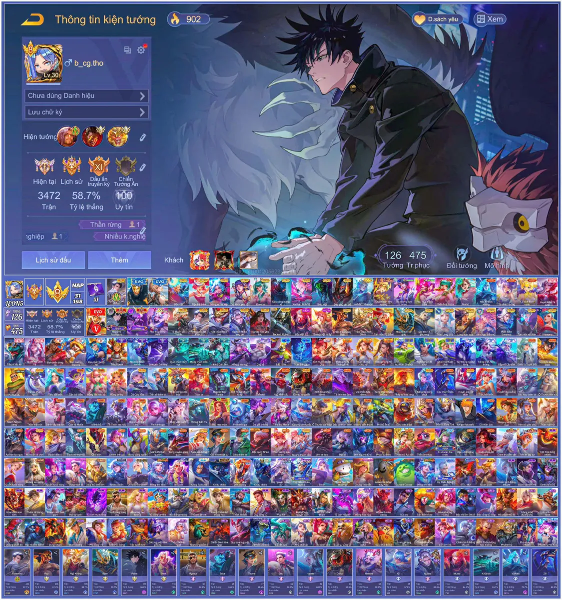 Tài khoản game: Ngộ Không 5 - Paine Megumi... gần 500 skin